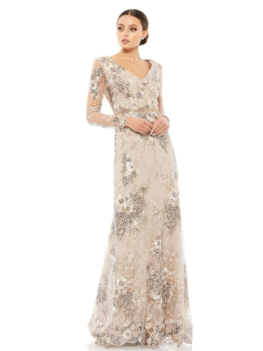 Mac Duggal 67539 Beige Embellished V Neck Illusion Long Sleeve Gown Size 12 NWT
